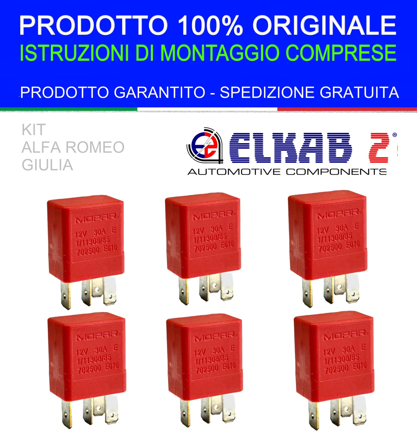 6 RELÈ MOPAR 12V 30A ORIGINALE OE 702500 SPECIFICO per ALFA ROMEO GIULIA Mini Relais Relay WaterProof 1/11308/85